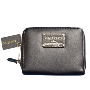 Bebe USA Black‎ Leather Zip Around Wallet Coin Purse Card Holder NWT